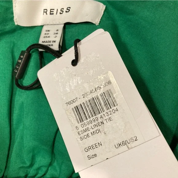 NWT Reiss Emerald Green Esme Linen Tie Side Midi Dress - Sz 2 - Picture 7 of 10